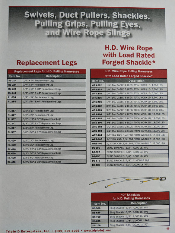Replacement Legs, H.D. Wire Rope with Load Rated Forged Shackle